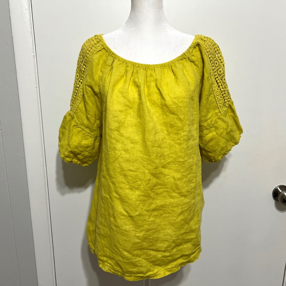 Terzo Millennio Yellow Linen Crochet‎ Sleeve Top Size L Made in Italy Lagenlook